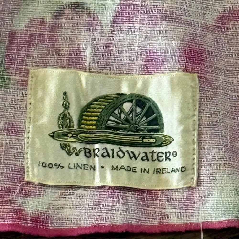 Vintage Braidwater Floral Irish Linen Oval Tablecloth Pink White Green 52” x 77”